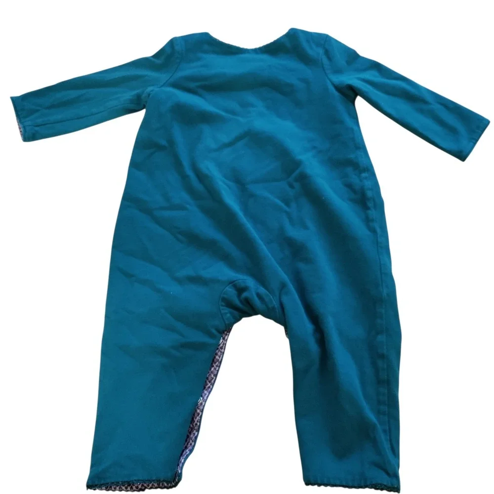 Tea Collection Teal Blue Floral Bird Cotton Romper 3-6 Months Long Sleeve 5326